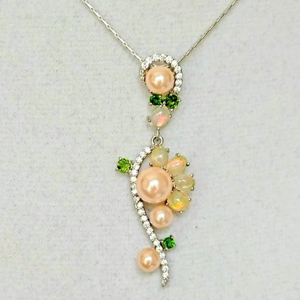 Natural Gemstone Fire Opal & Pearl Sterling Silver Necklace